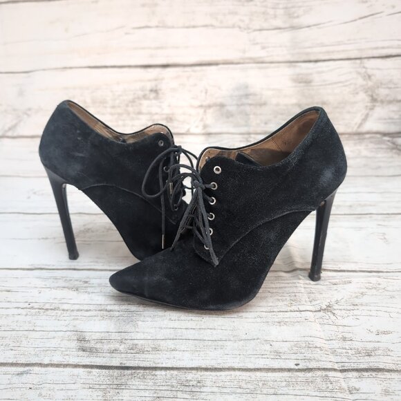 L.A.M.B. Black Suede Lace Up Stiletto Ankle Booties Women Size 8.5 - Picture 1 of 8